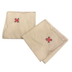 Set of TWO Vintage Floral Cross Stitch Embroidered Napkins Off White 15" Squared